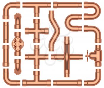 Copper pipeline construction details collection: copper pipes, valves, tubes, fittings, couplers and other copper pipeline elements set isolated on white background, industrial 3d illustration
