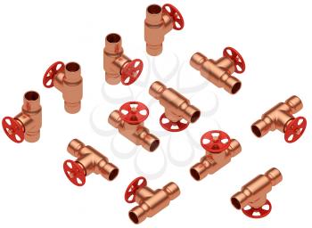Copper pipeline equipment and elements industrial collection: set of copper valve with red handle in different sides isolated on white background, industrial 3d illustration