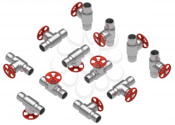 Steel pipeline equipment and elements industrial collection: set of steel valve with red handle in different sides isolated on white background, industrial 3d illustration