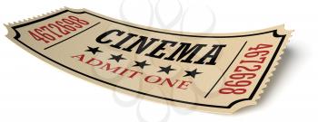 Vintage retro cinema creative concept: retro vintage cinema admit one ticket made of yellow textured paper isolated on white background with shadow, closeup view, 3d illustration