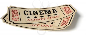 Vintage retro cinema creative concept: pair of vintage retro cinema admit one tickets made of yellow textured paper isolated on white background with shadow, closeup view, 3d illustration