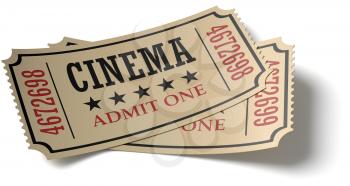 Vintage retro cinema creative concept: pair of retro vintage cinema admit one tickets made of yellow textured paper isolated on white background with shadow, closeup view, 3d illustration