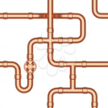 Abstract industrial construction seamless background: copper pipes, valves, tubes, fittings, couplers and other copper pipeline elements isolated on white, industrial 3d illustration
