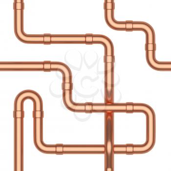 Abstract industrial construction seamless background: copper pipes and other copper pipeline elements isolated on white, industrial 3d illustration