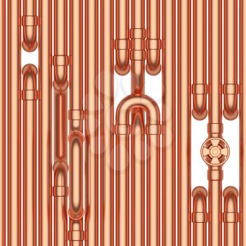 Abstract industrial construction seamless background: copper pipes, valves, tubes, fittings, couplers and other copper pipeline elements isolated on white industrial 3d illustration