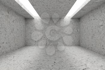 Abstract industrial architecture interior: empty room with spotted concrete walls, floor and ceiling and with opening in ceiling for lighting, 3d illustration