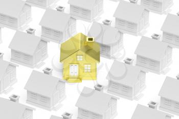 Uniqueness, individuality, real estate business creative concept - golden unique house stand out from crowd of gray ordinary houses, 3d illustration