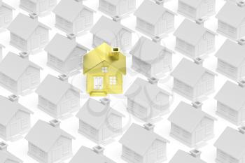 Uniqueness, individuality, real estate business creative concept - golden unique house standing out from crowd of gray ordinary houses 3d illustration.