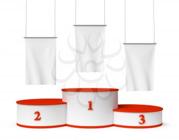 Sports winning and championship and competition success symbol - round sports pedestal, winners podium with empty red first, second and third places and blank white flags, 3d illustration, closeup, isolated