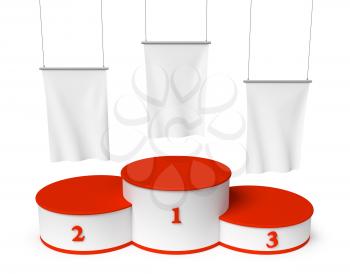 Sports winning and championship and competition success symbol - round sports pedestal, winners podium with empty red first, second and third places and blank white flags, 3d illustration, top view, isolated