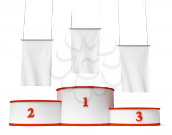 Sports winning and championship and competition success symbol - round sports pedestal, winners podium with empty red first, second and third places and blank white flags, 3d illustration, isolated.