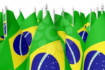 Many small national flags of Federative Republic of Brazil with flagpole isolated on white background, 3d illustration