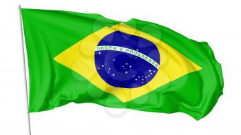 National flag of Federative Republic of Brazil on flagpole flying and waving in the wind isolated on white background, 3d illustration