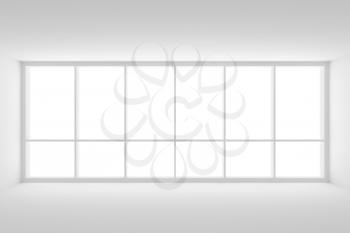 Business architecture white colorless office room interior - large window in empty white business office room with white floor, white ceiling, white walls and empty space, 3d illustration