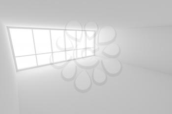 Business architecture white colorless office room interior - empty white business office room with white floor, ceiling, white walls and large window and empty space, 3d illustration, view from ceiling
