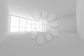 Business architecture white colorless office room interior - empty white business office room with white floor, ceiling, walls and large window and empty space, 3d illustration, wide angle