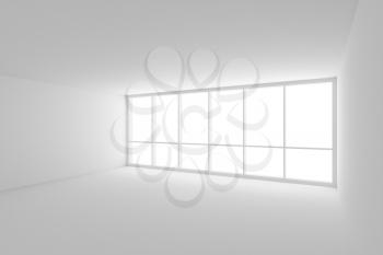 Business architecture white colorless office room interior - white empty business office room with white floor, white ceiling, white walls and large window and empty space, 3d illustration
