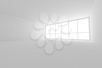 Business architecture white colorless office room interior - empty white business office room with large window and empty space, wide angle view from floor, 3d illustration