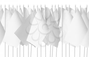 Many small white flags in row isolated on white background, seamless, 3d illustration