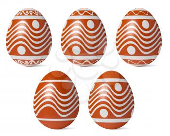 Red Easter eggs painted with white simple wavy decor whith shadows isolated on white background, Easter eggs set, easter symbol, 3D illustration