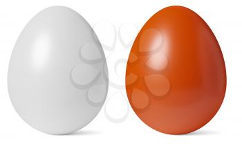 Painted chicken eggs, white and red, whith shadows isolated on white background, template for Easter holiday, healthy food, dietary meal, easter symbol, 3D illustration