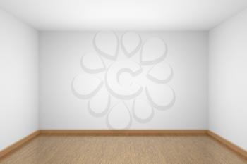 Empty room with white walls and ceiling, brown hardwood parquet floor and soft light, simple minimalist interior architecture background with copy-space, 3d illustration