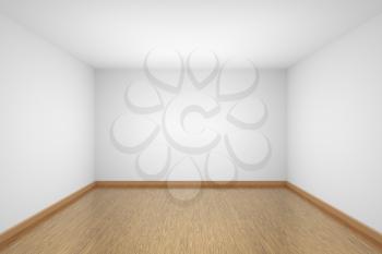 Empty room with white ceiling and walls, brown hardwood parquet floor and soft light, simple minimalist interior architecture background with copy-space, 3d illustration