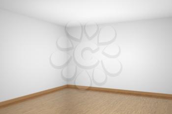 Empty room corner with white walls and ceiling and brown hardwood parquet floor and soft light, simple minimalist interior architecture background with copy-space, 3d illustration