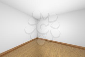 Empty room corner with white ceiling and walls and brown hardwood parquet floor and soft light, simple minimalist interior architecture background with copy-space, 3d illustration
