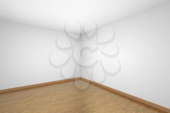 Empty room corner with white walls and ceiling, brown wood parquet floor and soft light, simple minimalist interior architecture background with copy-space, 3d illustration