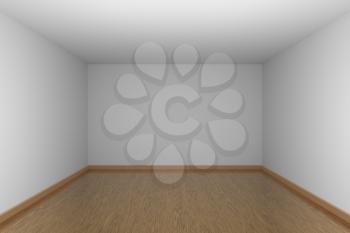 Empty room dark side with white walls and ceiling and brown wood parquet floor and soft light, simple minimalist interior architecture background with copy-space, 3d illustration