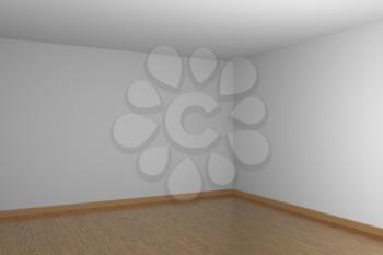 Empty room dark corner with white ceiling and walls and brown wood parquet floor and soft light, simple minimalist interior architecture background with copy-space, 3d illustration