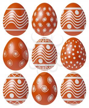 Red Easter eggs painted with white simple decor isolated on white background, Easter eggs set, easter symbol, 3D illustration.