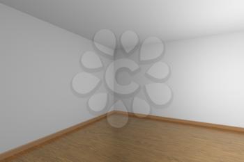 Empty room dark corner with white ceiling and walls, brown wooden parquet floor and soft light, simple minimalist interior architecture background with copy-space, 3d illustration