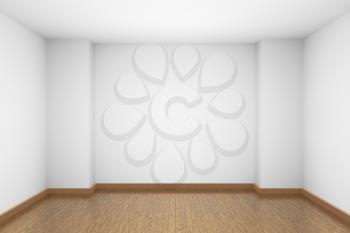 Empty room with white walls and ceiling and brown wooden parquet floor and soft light, simple minimalist interior architecture background with copy-space, 3d illustration