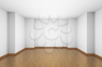 Empty room with white ceiling and walls and brown wooden parquet floor and soft light, simple minimalist interior architecture background with copy-space, 3d illustration