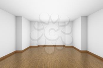 Empty room with white walls and ceiling, brown hardwood parquet floor and soft light, simple minimalist interior architecture background with copy-space, 3d illustration.