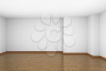 Empty room with white walls and ceiling and brown hardwood parquet floor and soft light, simple minimalist interior architecture background with copy-space, 3d illustration.