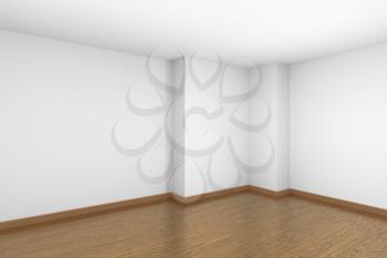Empty room with white ceiling and walls and brown hardwood parquet floor and soft light, simple minimalist interior architecture background with copy-space, 3d illustration.
