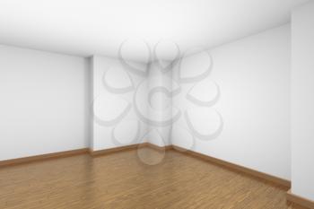 Empty room with white ceiling and walls and brown wood parquet floor and soft light, simple minimalist interior architecture background with copy-space, 3d illustration.