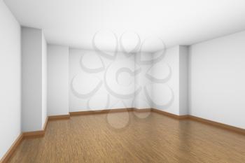 Empty room with white walls and ceiling, brown wooden parquet floor and soft light, simple minimalist interior architecture background with copy-space, 3d illustration.