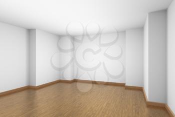 Empty room with white ceiling and walls, brown wooden parquet floor and soft light, simple minimalist interior architecture background with copy-space, 3d illustration.