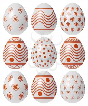 White Easter eggs painted with red simple decor isolated on white background, Easter eggs set, easter symbol, 3D illustration.