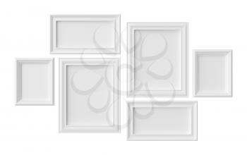 White blank photoframes isolated on white with shadows, white colorless picture frames template set, photo frame mock-up 3D illustration
