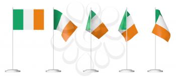 National flag of Ireland, set of small table flag of Ireland on stand isolated on white, 3d illustrations.
