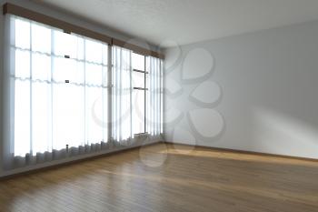 Empty room with white walls, wooden parquet floor and window with white curtains diagonal view