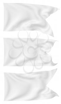 White flag with angle flying and waving in the wind isolated on white, white flag set 3D illustration.