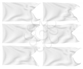 White flag with angle flying and waving in the wind isolated on white, white flag set, 3D illustration