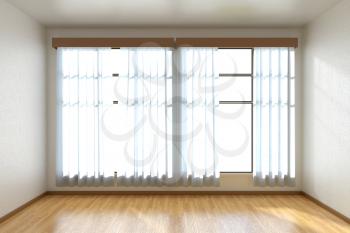 Empty room with white walls, wooden parquet floor and window with white curtains front view