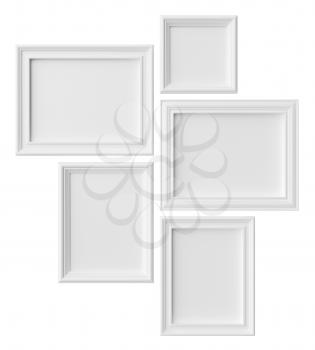 White blank photo frames isolated on white with shadows, white colorless picture frames template set, photoframe mock-up 3D illustration